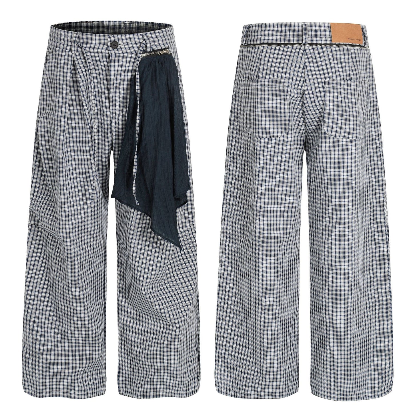 Retro Trendy Deconstructed Blue and White Checkered Pleated Scarf Design Loose Men's Casual Pants