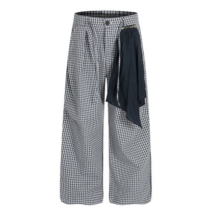 Retro Trendy Deconstructed Blue and White Checkered Pleated Scarf Design Loose Men's Casual Pants