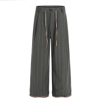 Retro Trendy High-End Preppy Deconstructed Stripe Pleated Design Loose Men's Casual Trousers