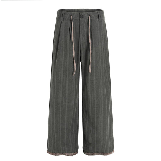 Retro Trendy High-End Preppy Deconstructed Stripe Pleated Design Loose Men's Casual Trousers