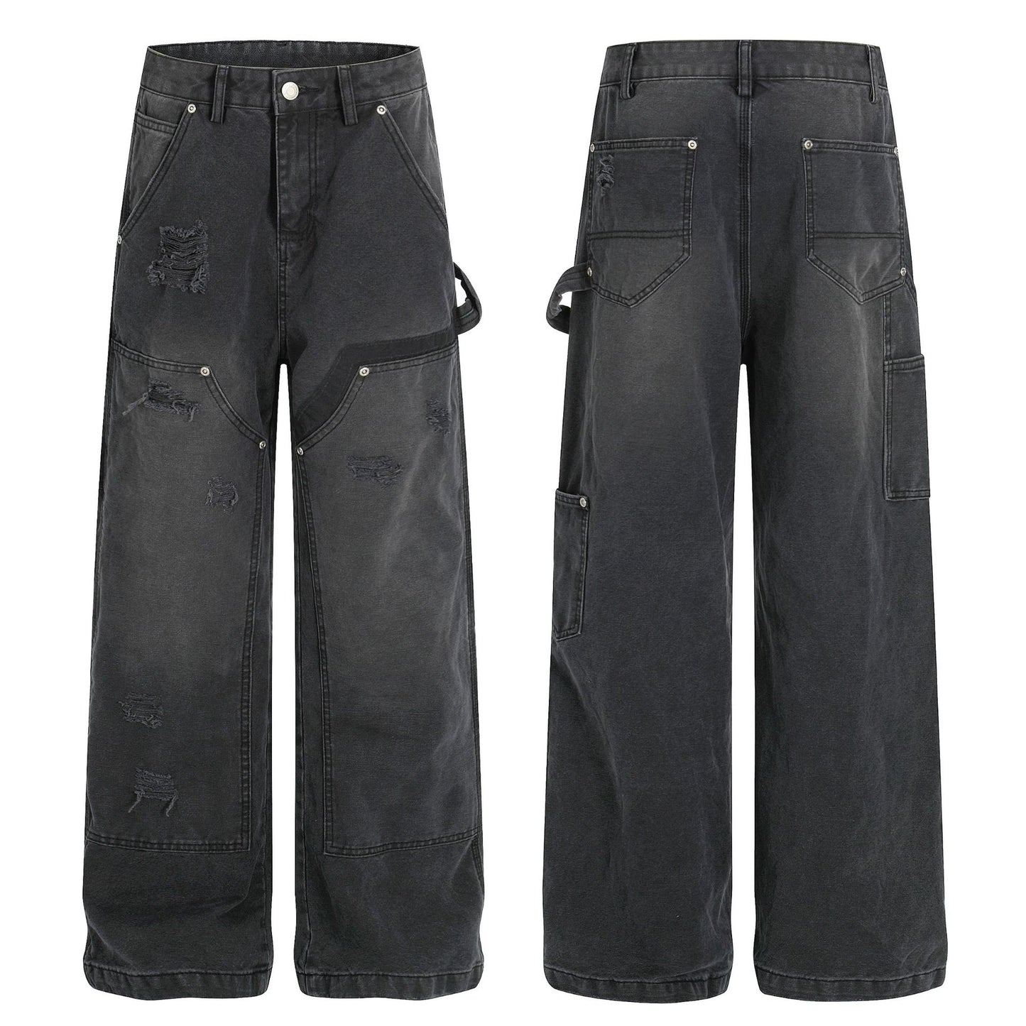 Street Style Unisex High-End Vintage Washed Black Design Loose Casual Denim Pants