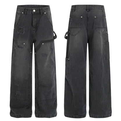 Street Style Unisex High-End Vintage Washed Black Design Loose Casual Denim Pants
