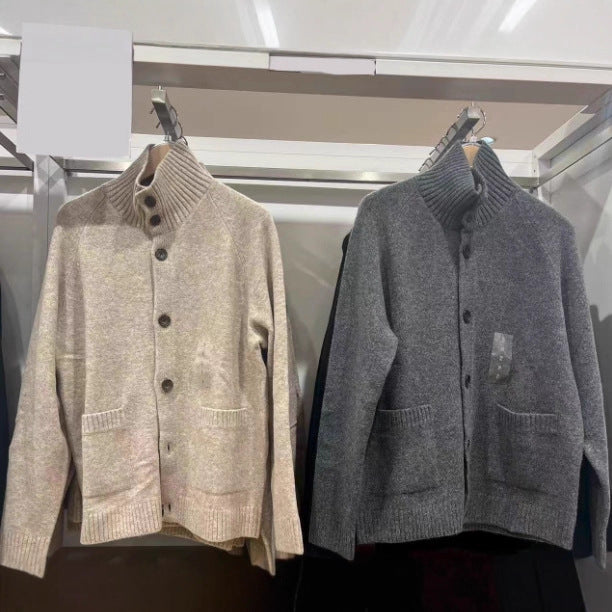 Knitted cardigan sweater loose button stand up collar sweater jacket for autumn and winter