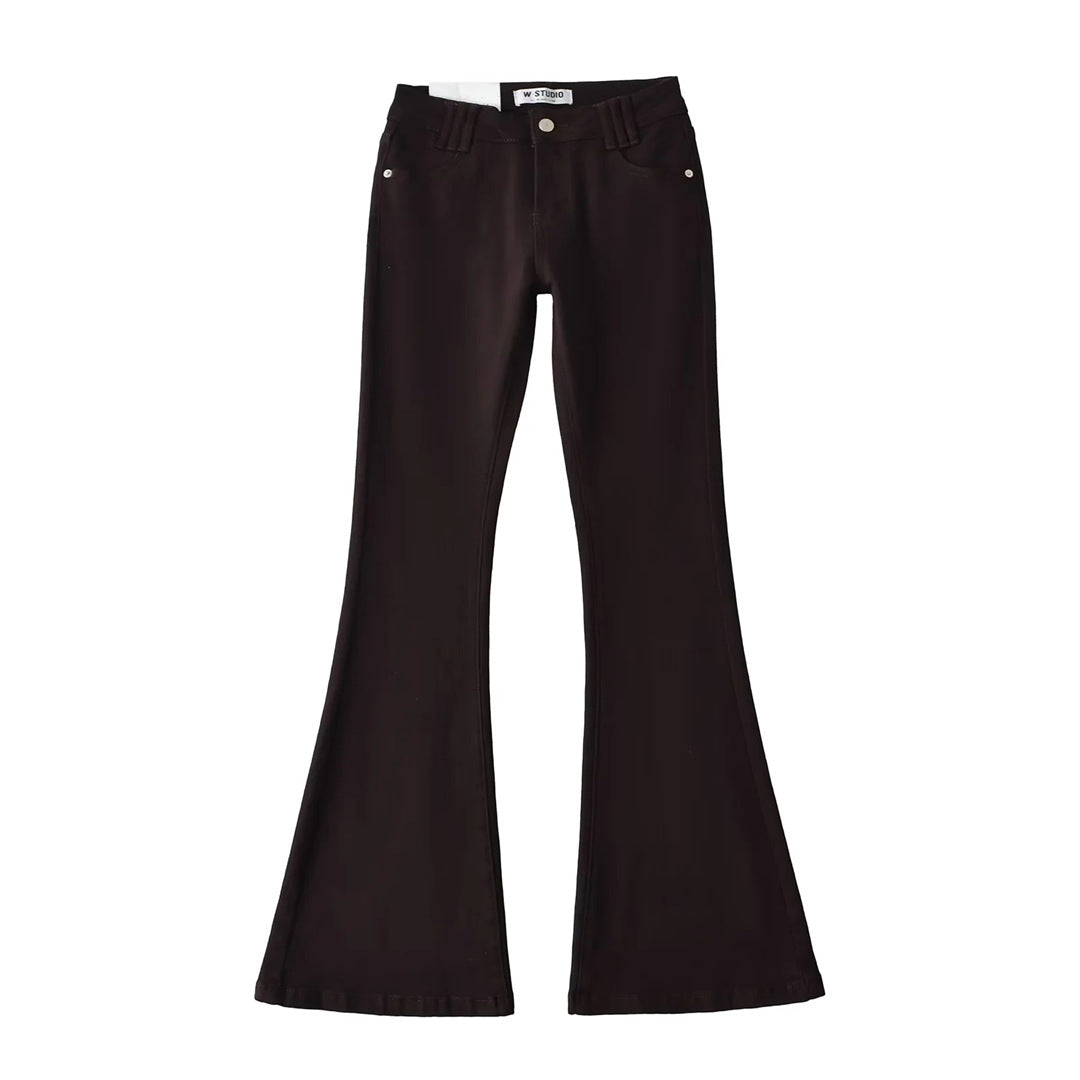 Style Retro Low Waist Buttoned Flared Denim Pants for Women, Designed Back Pockets, Slim Fit, Bodycon, Floor-Length Trousers