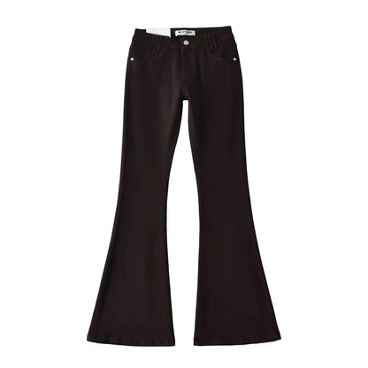 Style Retro Low Waist Buttoned Flared Denim Pants for Women, Designed Back Pockets, Slim Fit, Bodycon, Floor-Length Trousers