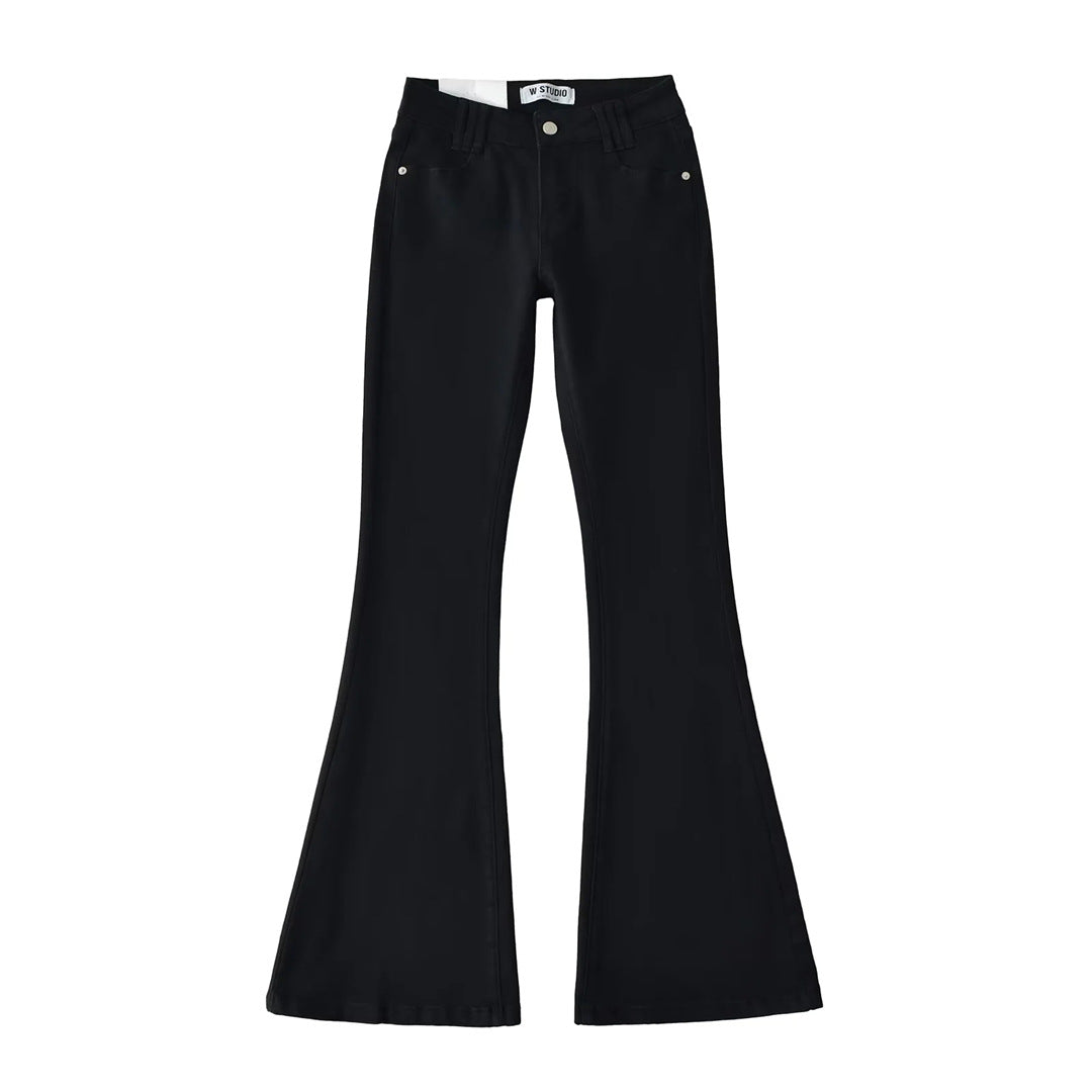 Style Retro Low Waist Buttoned Flared Denim Pants for Women, Designed Back Pockets, Slim Fit, Bodycon, Floor-Length Trousers