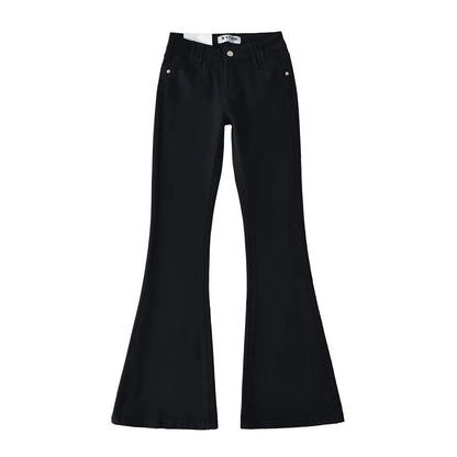 Style Retro Low Waist Buttoned Flared Denim Pants for Women, Designed Back Pockets, Slim Fit, Bodycon, Floor-Length Trousers