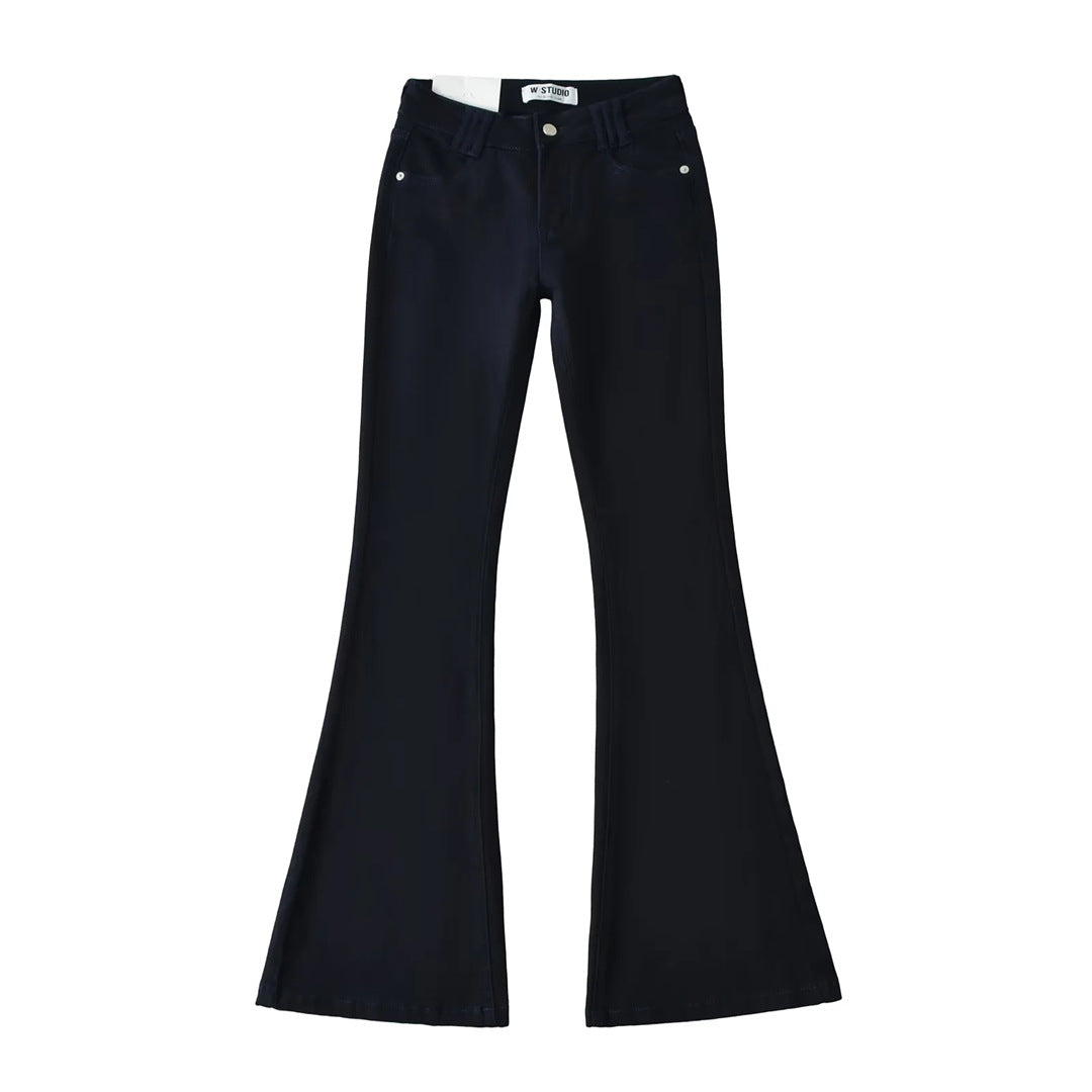 Style Retro Low Waist Buttoned Flared Denim Pants for Women, Designed Back Pockets, Slim Fit, Bodycon, Floor-Length Trousers