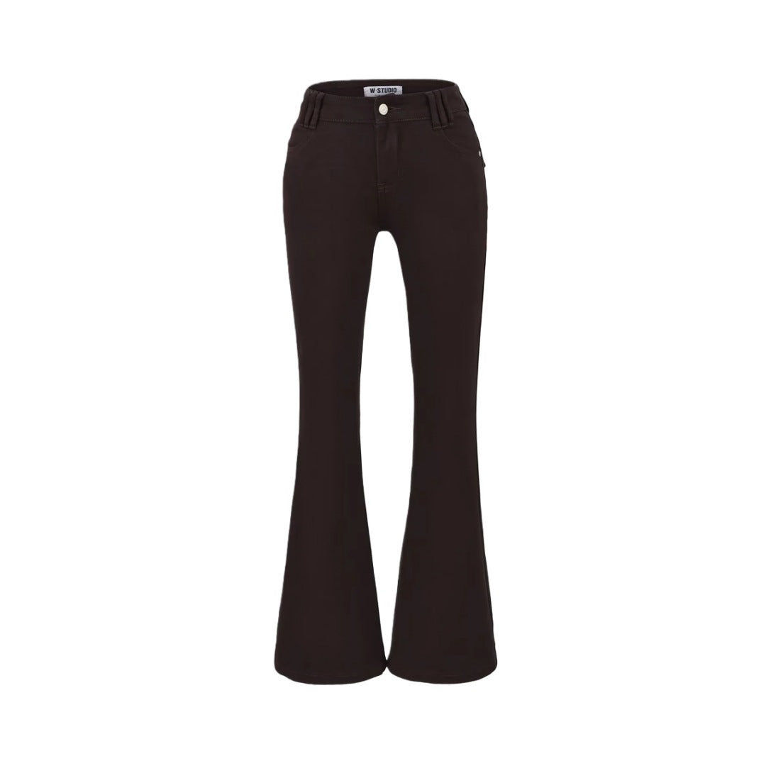 Style Retro Low Waist Buttoned Flared Denim Pants for Women, Designed Back Pockets, Slim Fit, Bodycon, Floor-Length Trousers