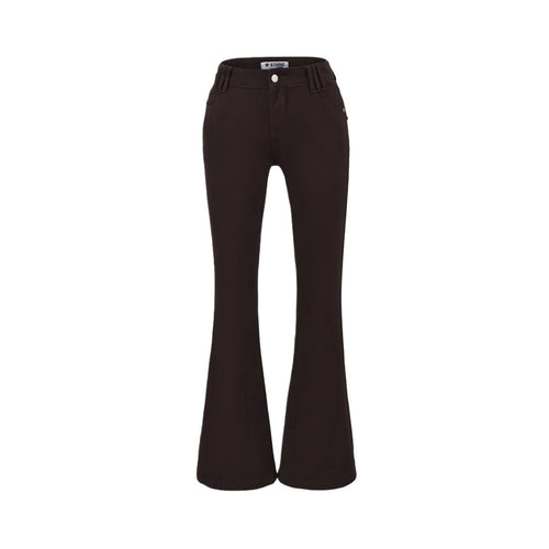 Style Retro Low Waist Buttoned Flared Denim Pants for Women, Designed Back Pockets, Slim Fit, Bodycon, Floor-Length Trousers