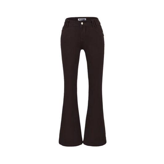 Style Retro Low Waist Buttoned Flared Denim Pants for Women, Designed Back Pockets, Slim Fit, Bodycon, Floor-Length Trousers