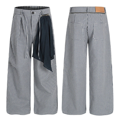Retro Trendy Deconstructed Blue and White Checkered Pleated Scarf Design Loose Men's Casual Pants