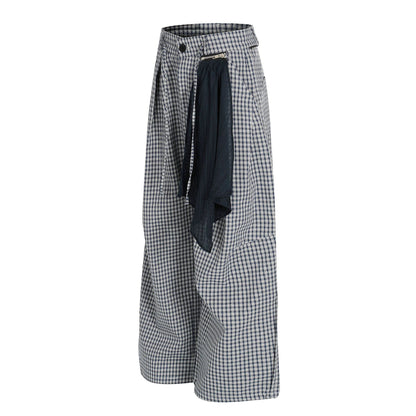 Retro Trendy Deconstructed Blue and White Checkered Pleated Scarf Design Loose Men's Casual Pants